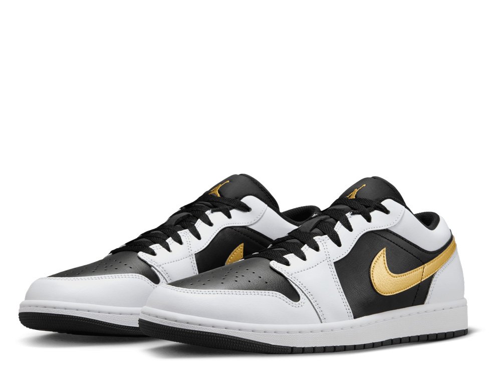 国内配送 NIKE AIR JORDAN 1 LOW WHITE/BLACK-LLIC GOLD Nike Air Jordan 1 Low White Black Metallic Gold Swoosh