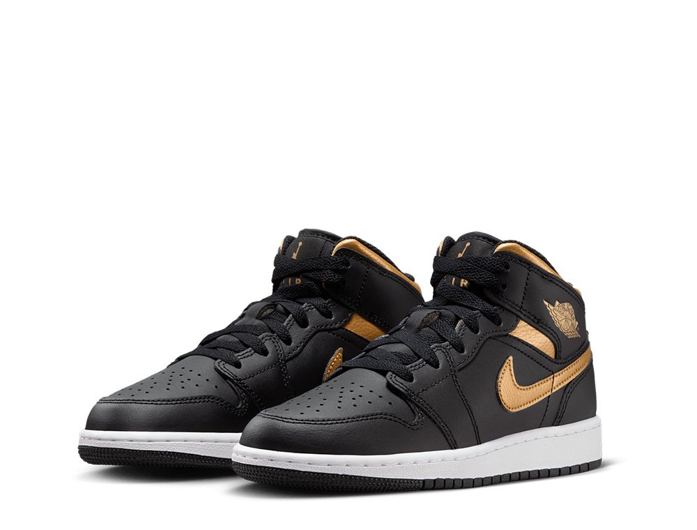 Air Jordan 1 Mid (GS) Black/White/Metallic Gold shoes